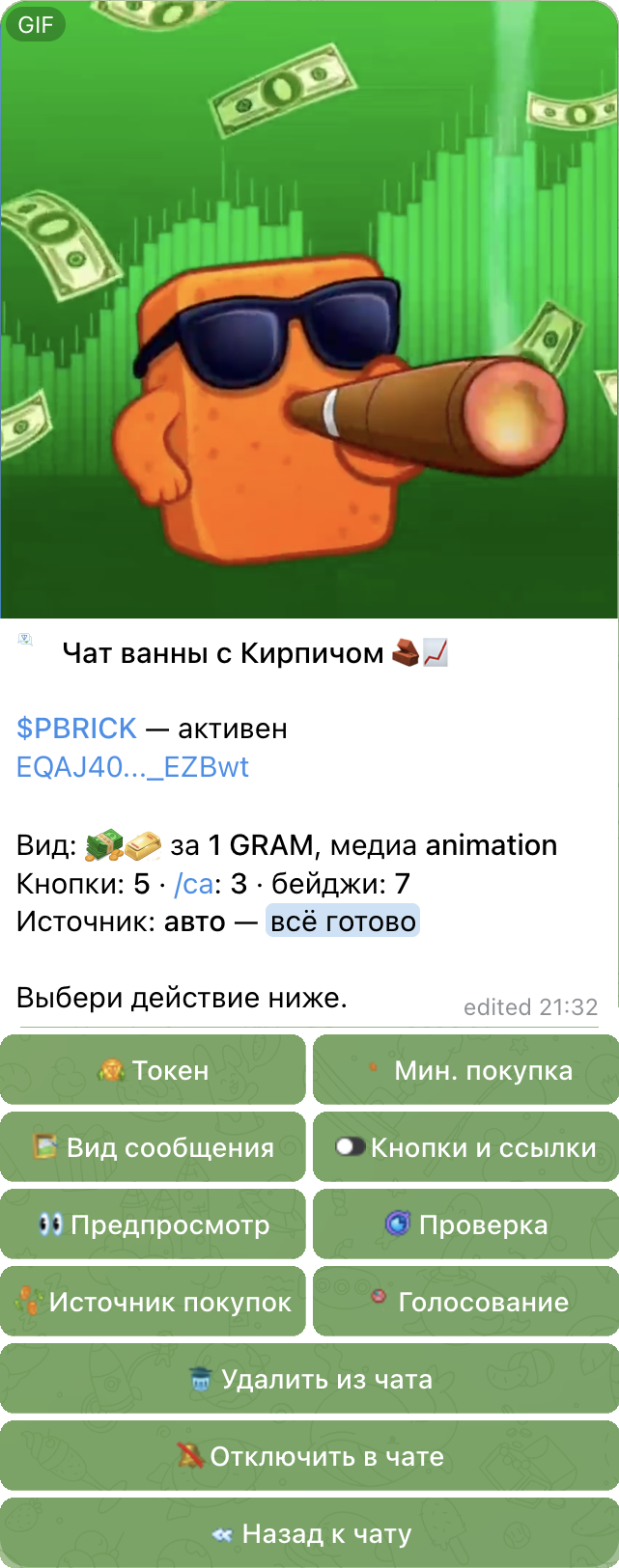 Настоящие настройки PBRICK в TON BuyBot с кнопками токена, минимальной покупки, вида сообщения, источника, предпросмотра и проверки