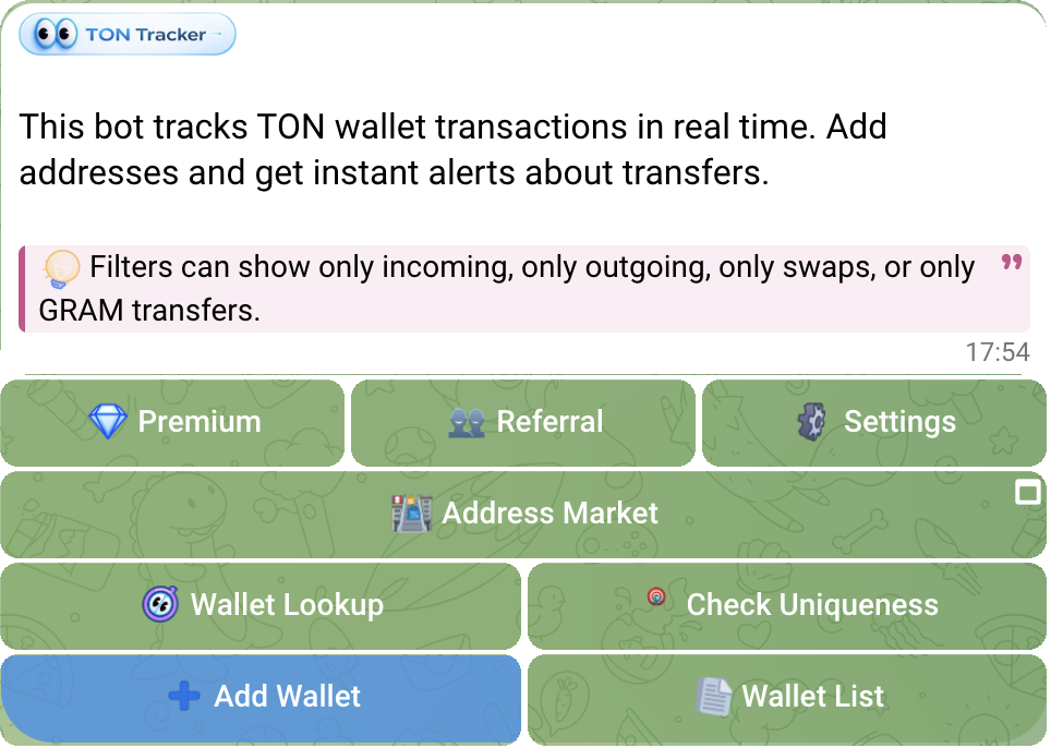 Real English TON Tracker welcome message with the complete inline keyboard