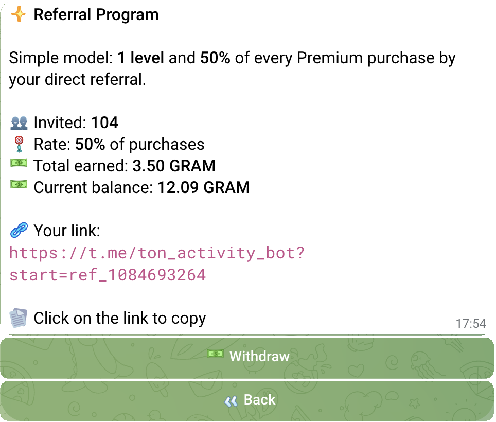 Real English TON Tracker referral dashboard with statistics, referral link, and withdrawal controls
