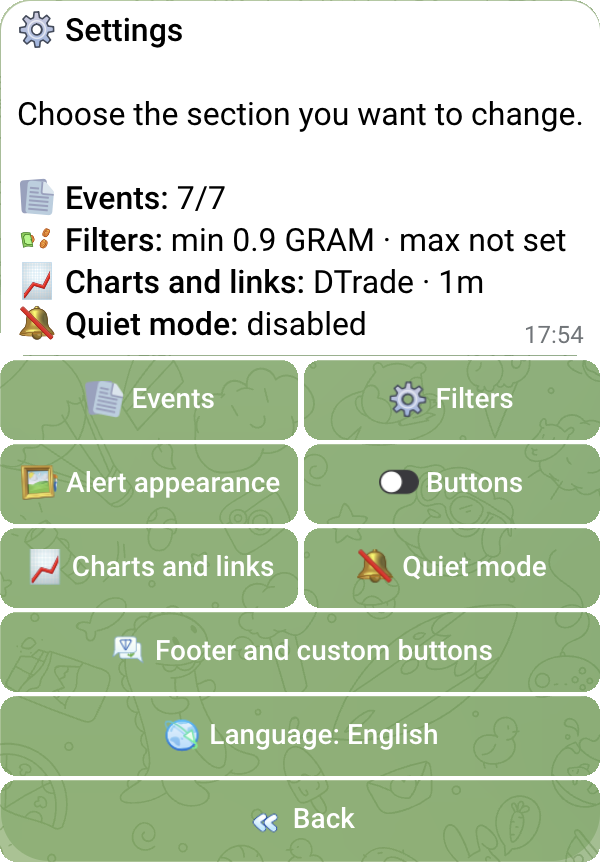 Real English TON Tracker settings message with the complete inline keyboard