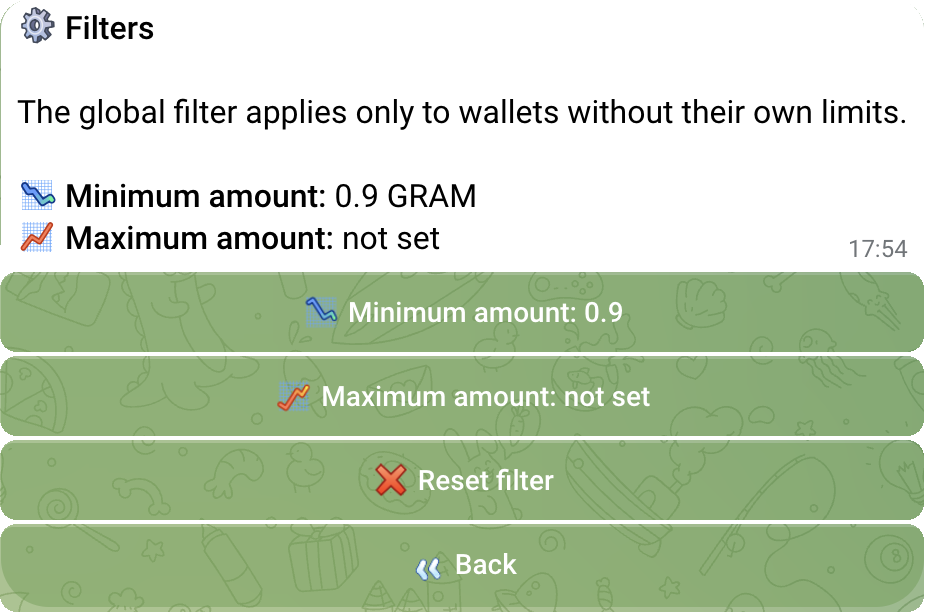 Real TON Tracker Filters screen with minimum and maximum amount controls