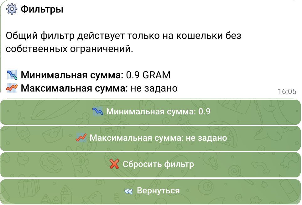 Настоящий раздел «Фильтры» TON Tracker с минимальной и максимальной суммой