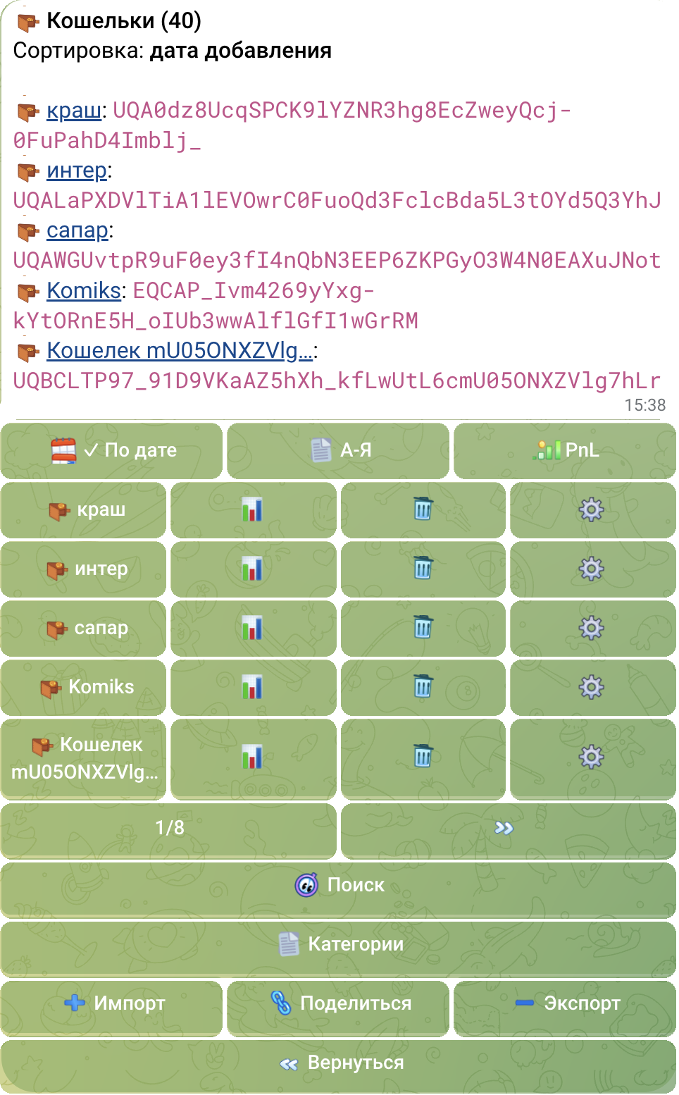Настоящий список из 40 кошельков в TON Tracker с сортировкой, категориями, действиями и пагинацией